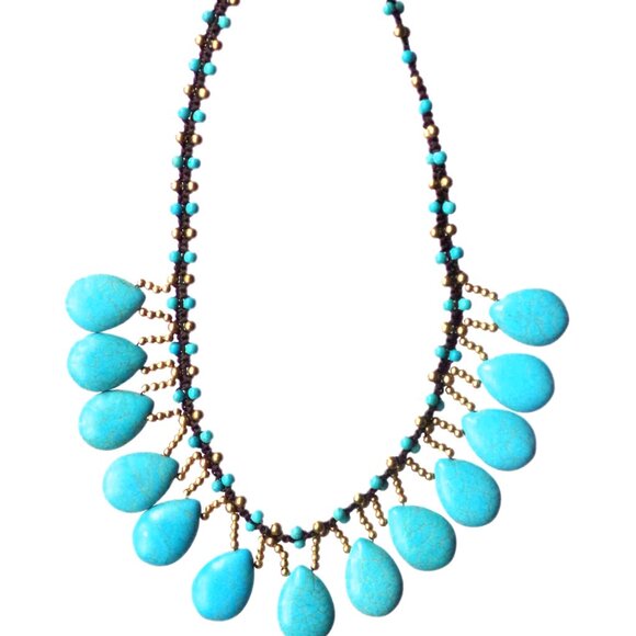 Turquoise stone necklace with teardrop shape stones, gold beads, fabric necklace - Picture 10 of 10
